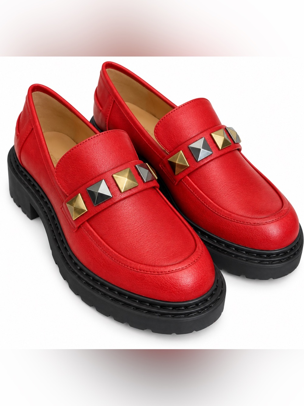 Dark Red Essex Paolo Stud-Trim Leather Loafers for Women